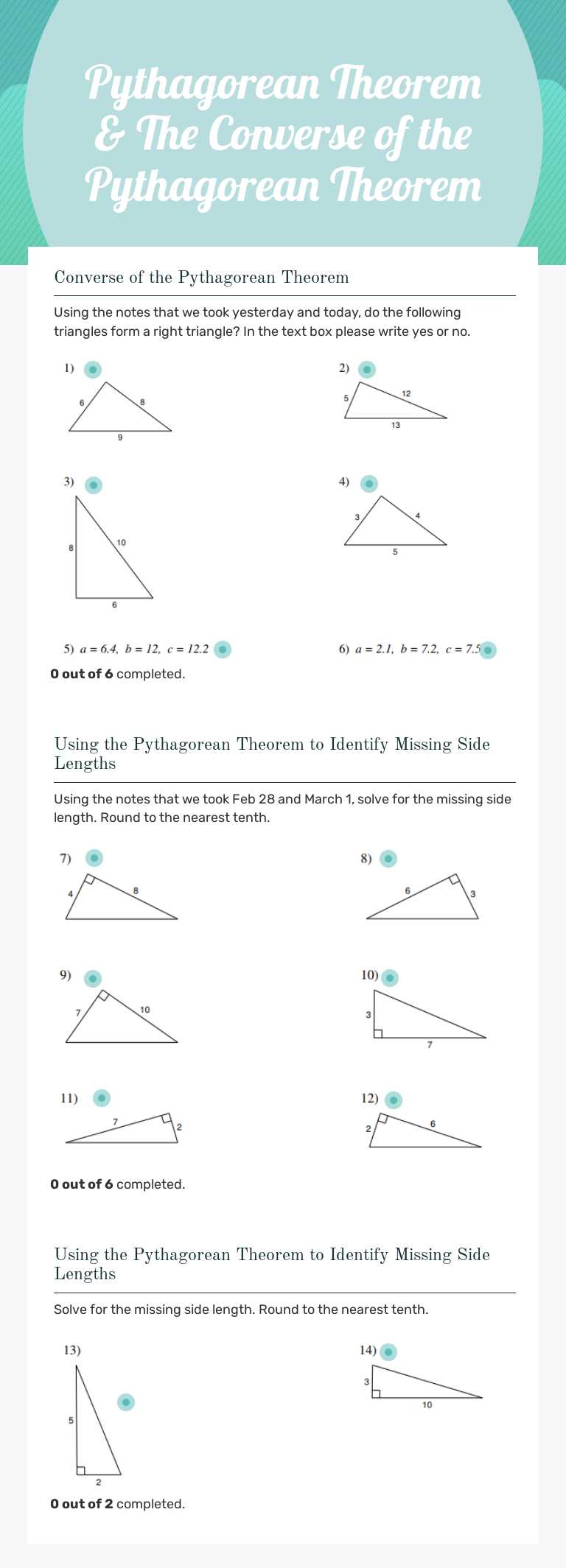 Pythagorean Theorem & The  Converse of the Pythagorean Theorem worksheet preview image