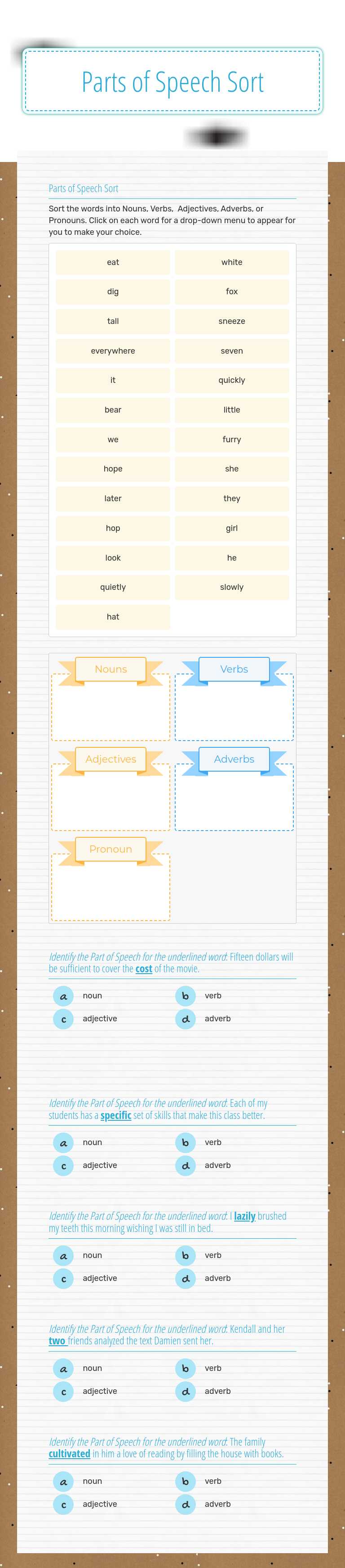 Parts of Speech Sort worksheet preview image