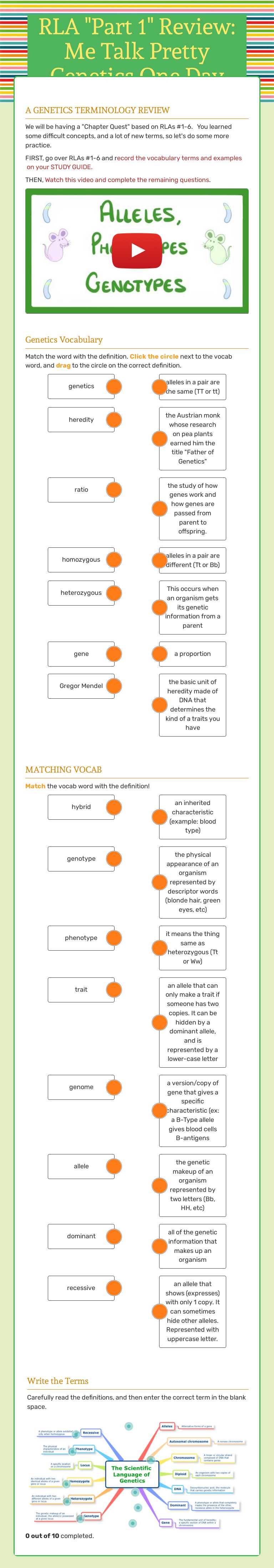 RLA "Part 1" Review:     Me Talk Pretty Genetics One Day worksheet preview image
