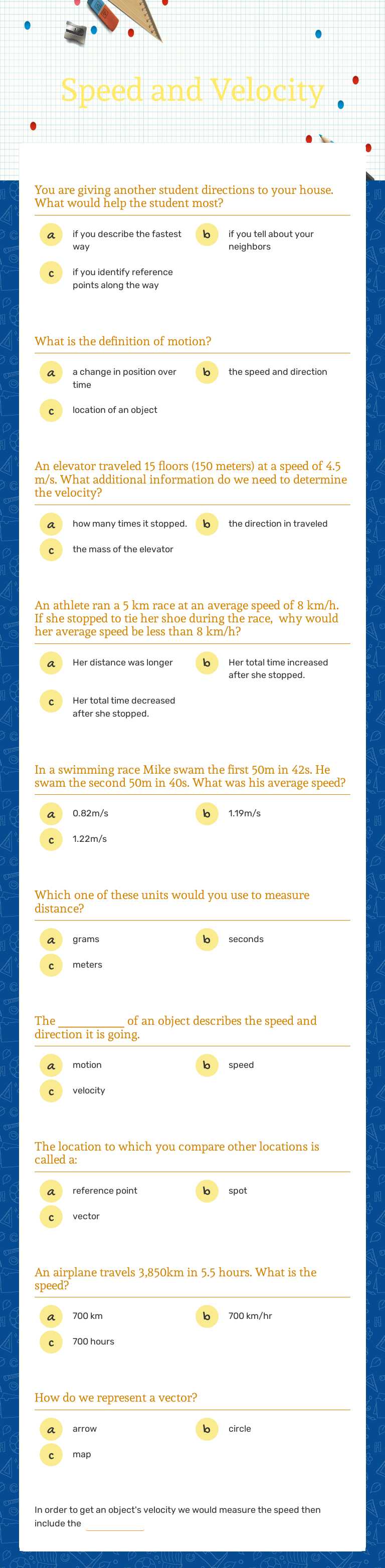Speed and Velocity Grade 8 worksheet preview