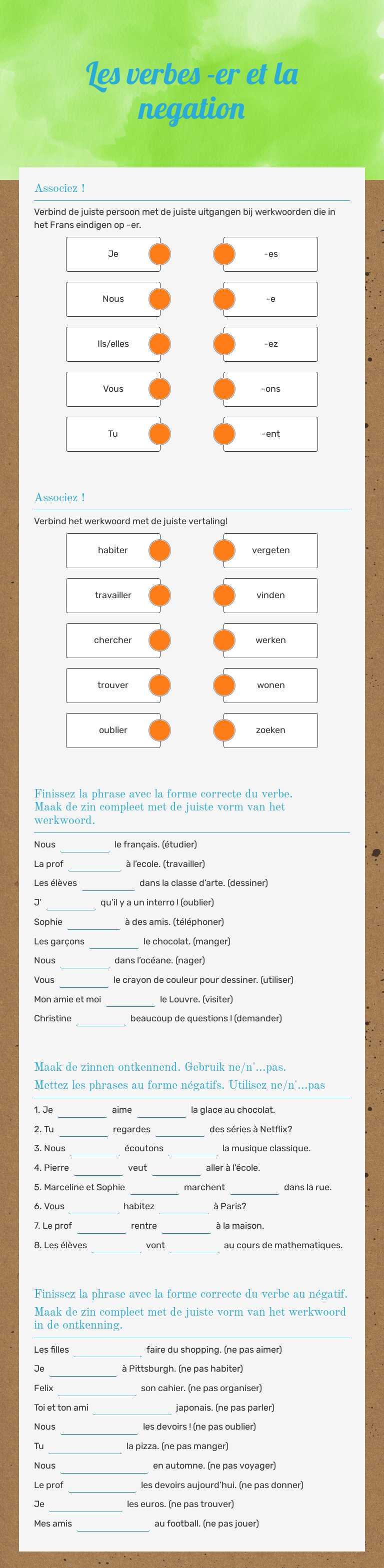 Les verbes -er et la negation worksheet preview image