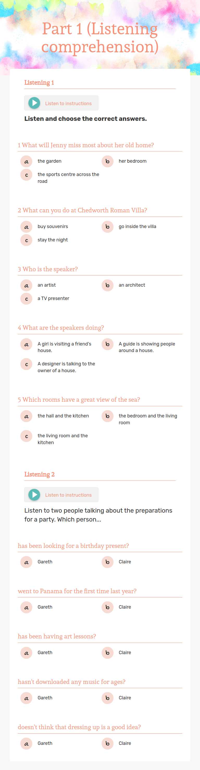 Part 1 (Listening comprehension) worksheet preview image