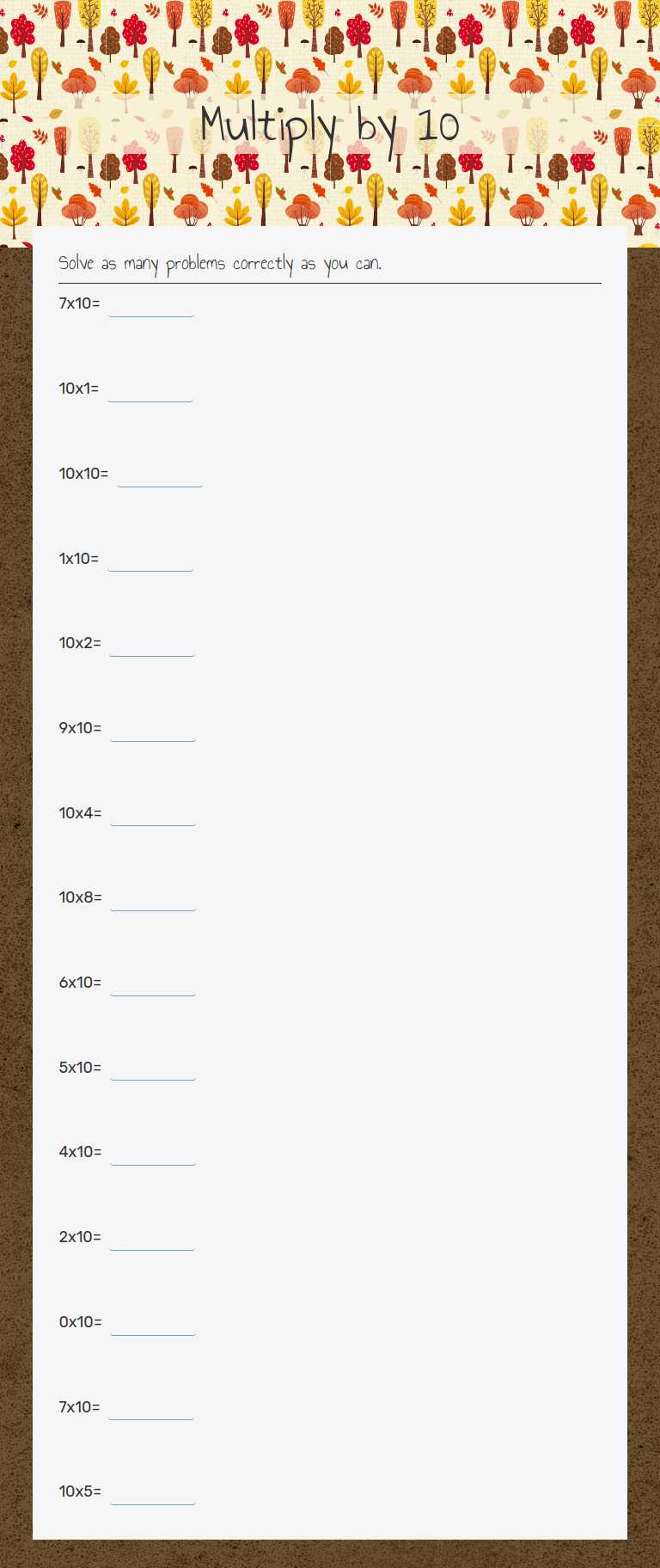 Multiply by 10 worksheet preview image