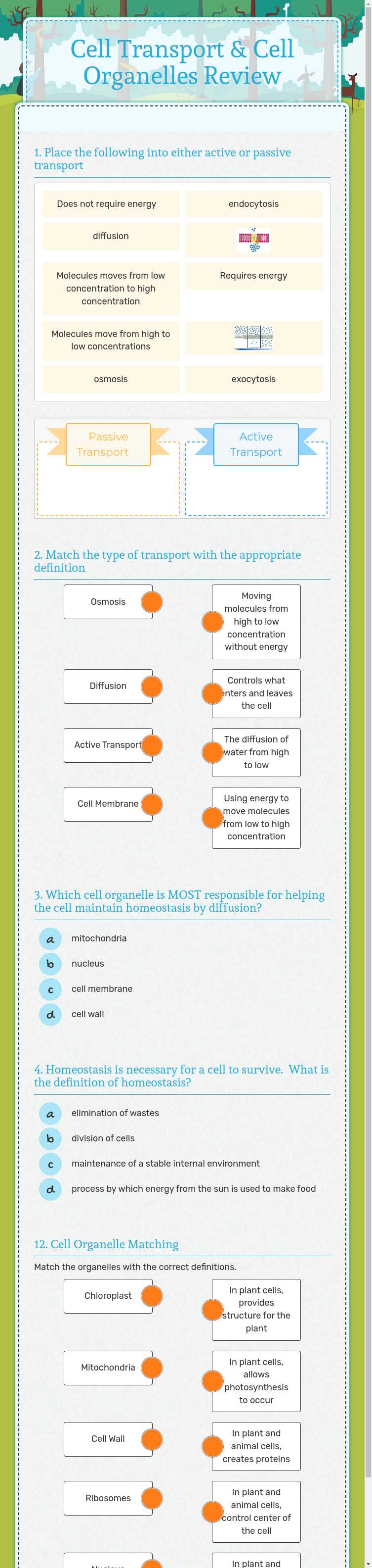 Cell Transport & Cell Organelles Review worksheet preview image