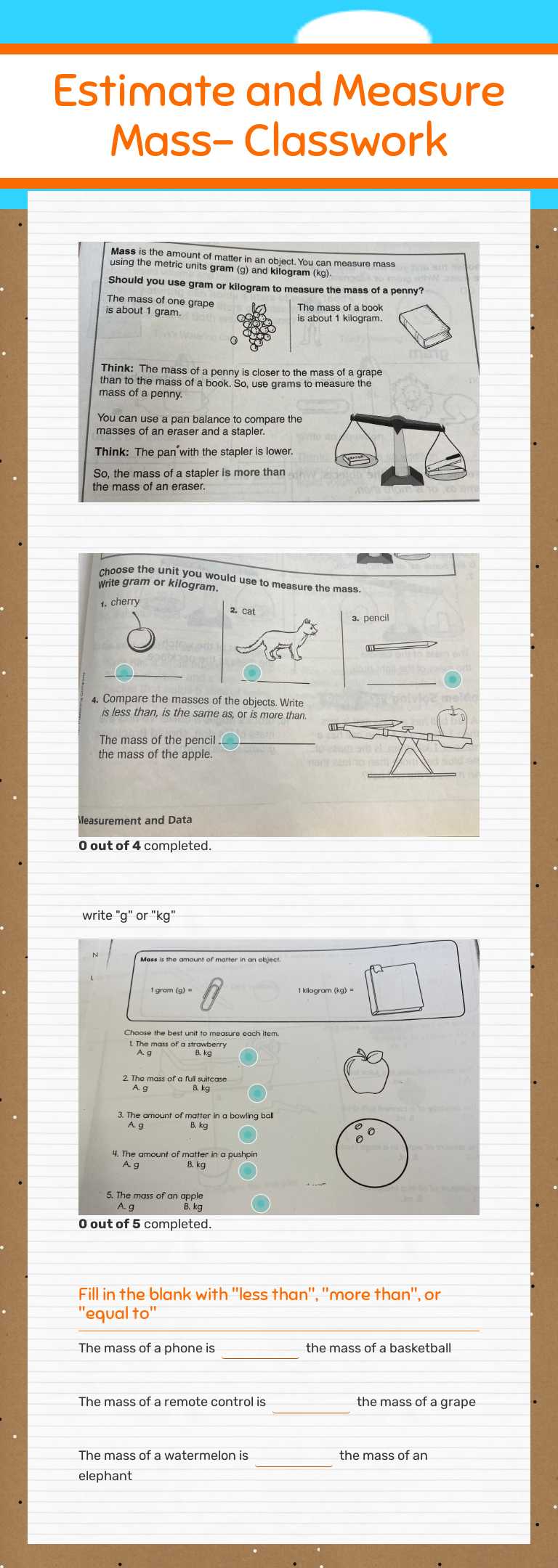 Estimate and Measure Mass- Classwork worksheet preview image