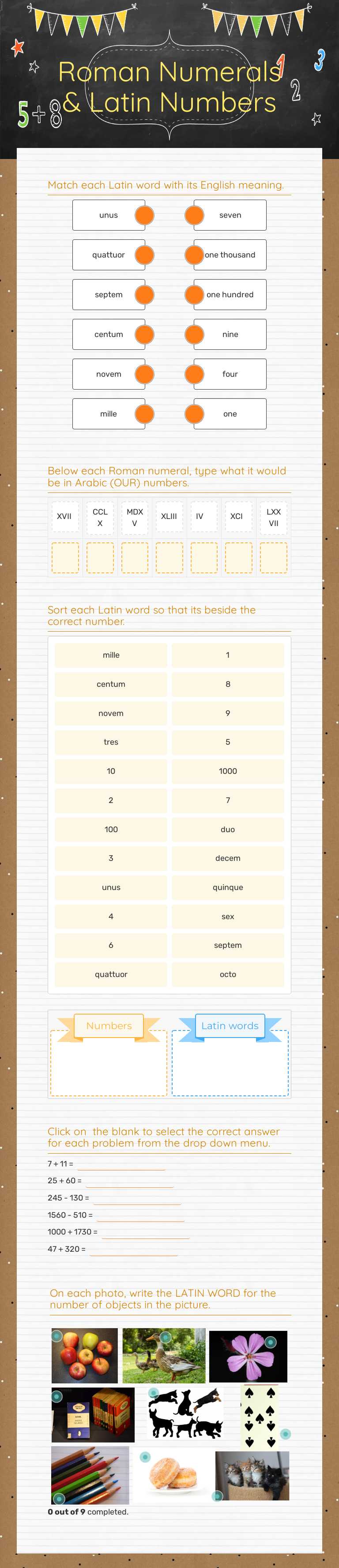 Roman Numerals & Latin Numbers Grade 5 worksheet preview