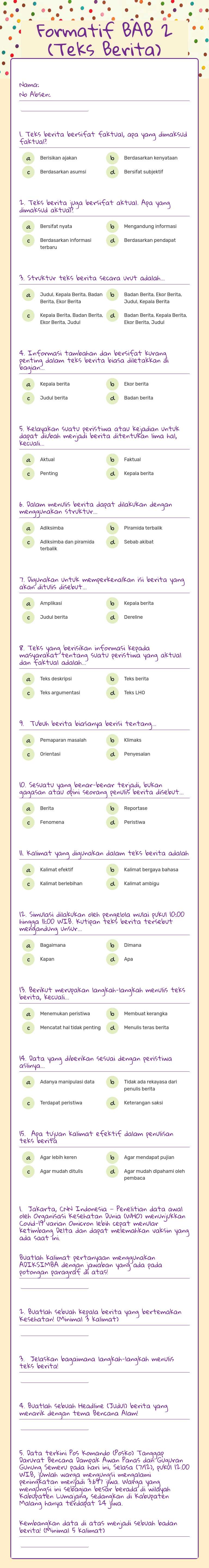 Formatif BAB 2 (Teks Berita) worksheet preview image