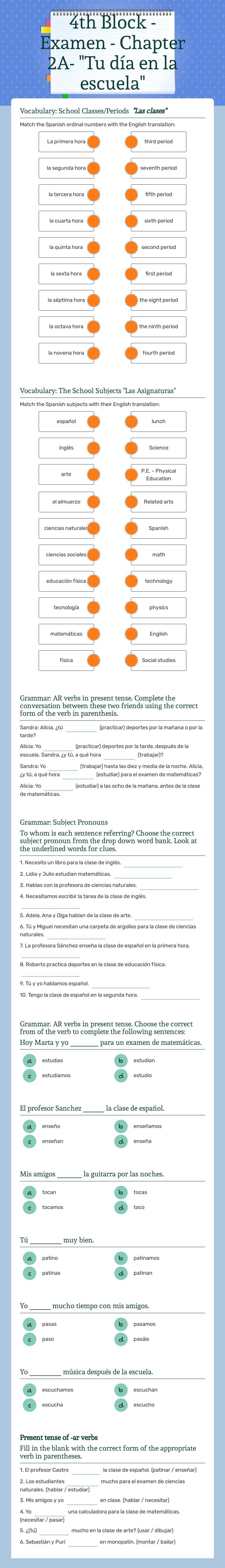 4th Block - Examen - Chapter 2A- "Tu día en la escuela" worksheet preview image