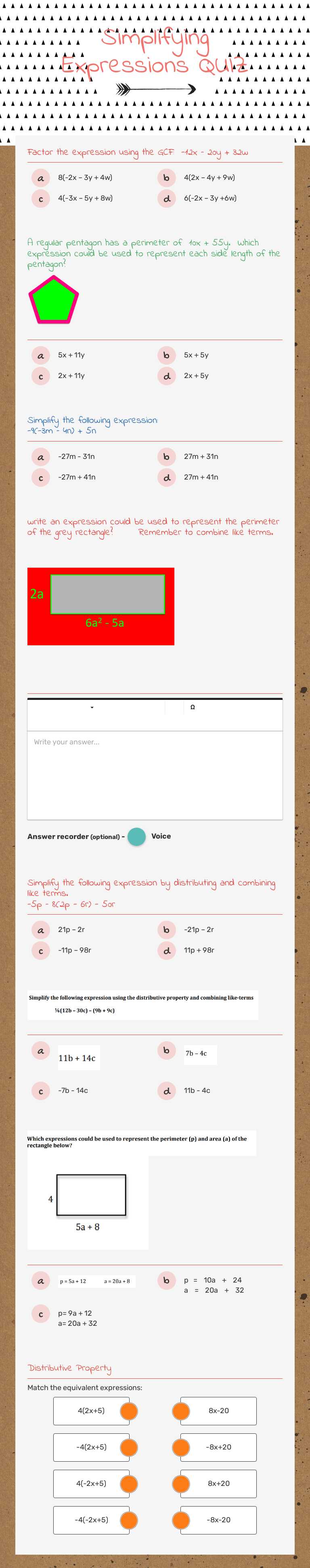 Simplifying Expressions QUIZ worksheet preview image