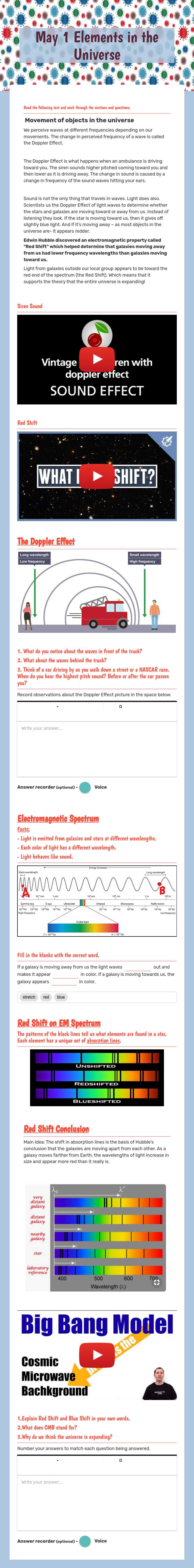 May 1 Elements in the Universe worksheet preview image
