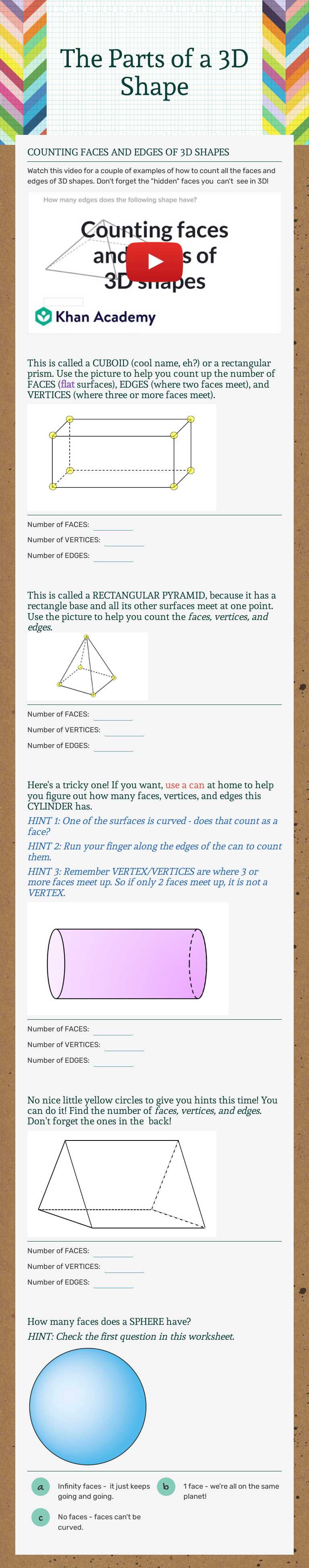 The Parts of a 3D Shape worksheet preview image