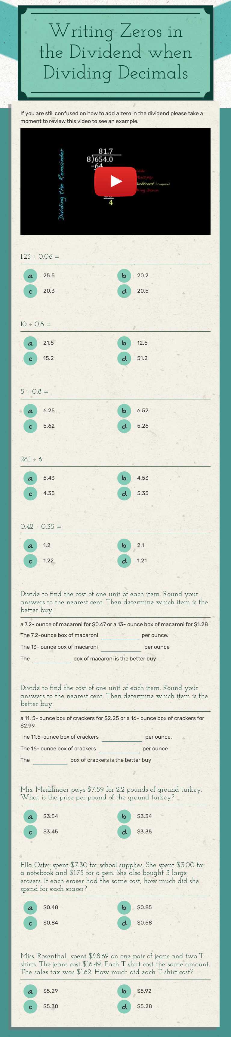 Writing Zeros in the Dividend when Dividing Decimals worksheet preview image