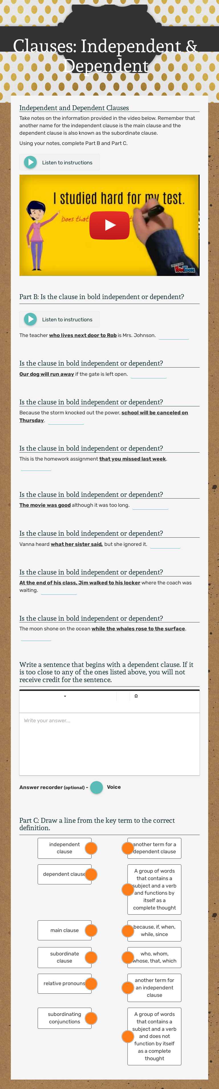 Clauses: Independent & Dependent worksheet preview image