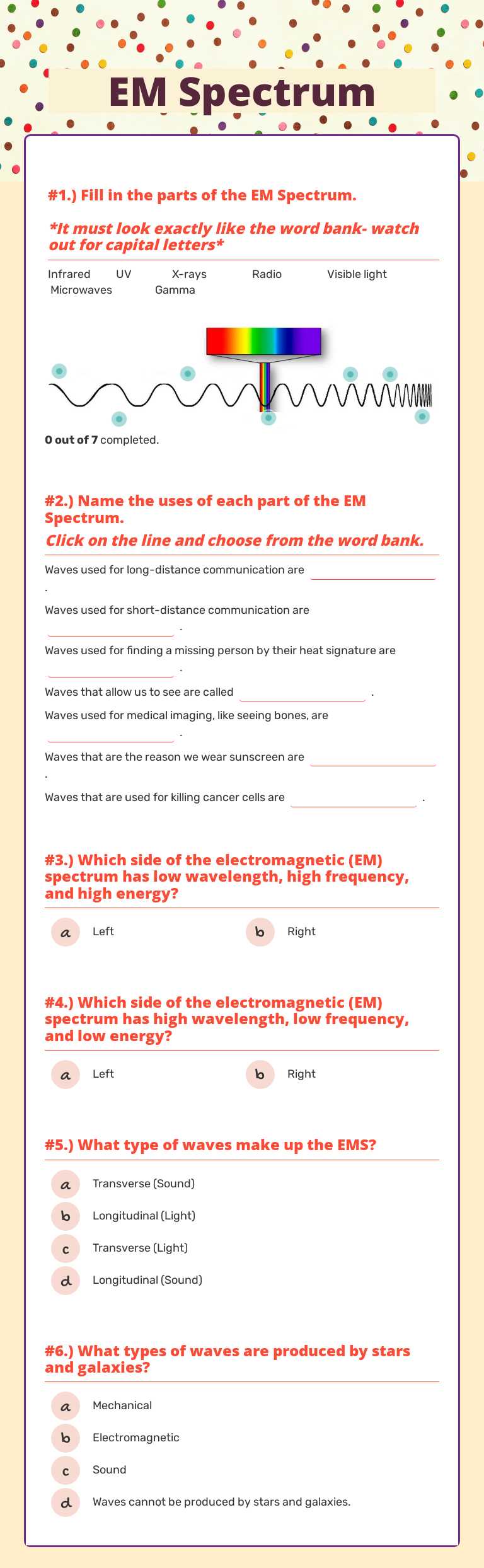 EM Spectrum worksheet preview