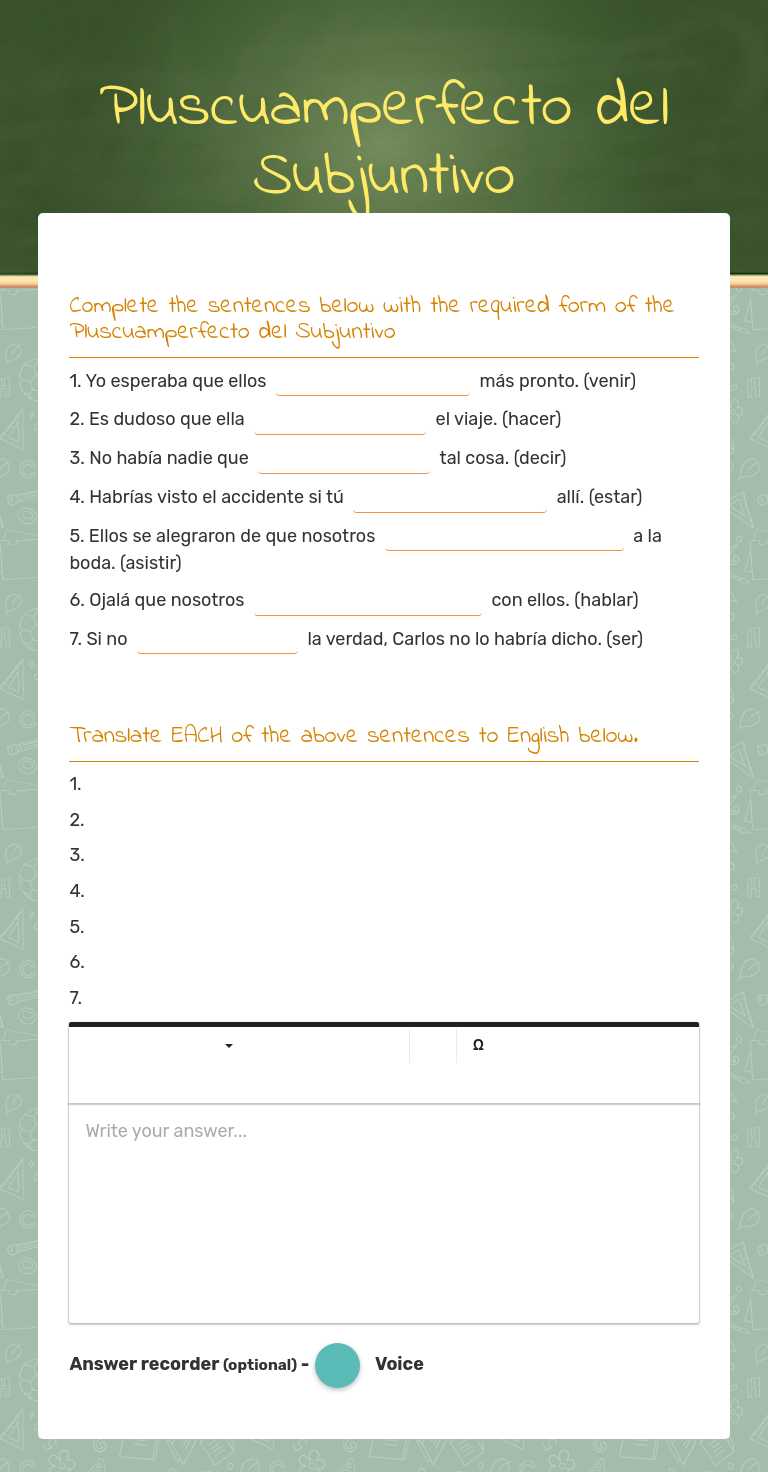 Pluscuamperfecto del Subjuntivo worksheet preview image