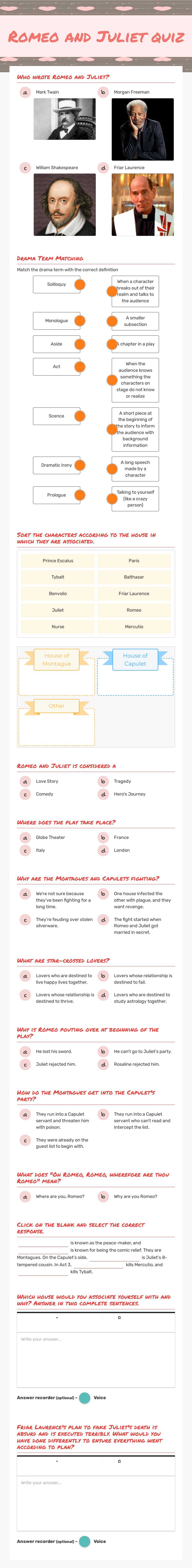 Romeo and Juliet quiz worksheet preview image
