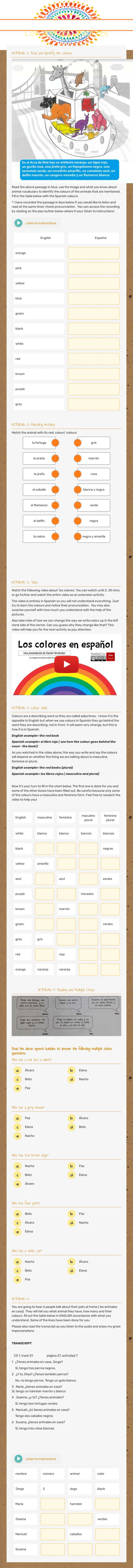Los animales y colores worksheet preview image