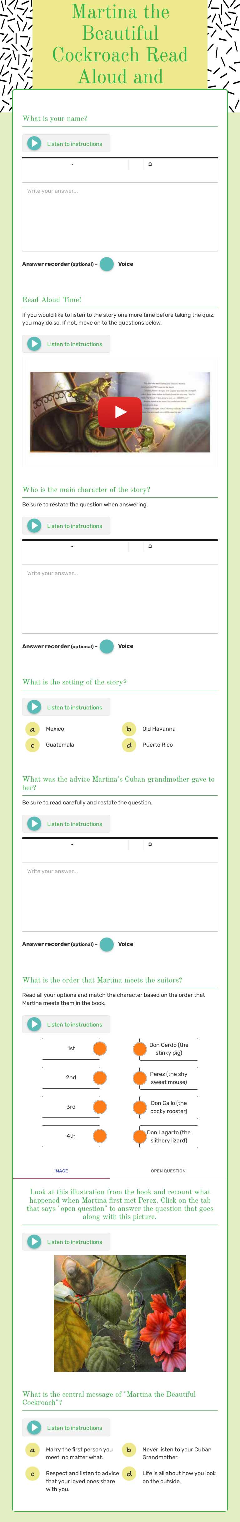 Martina the Beautiful Cockroach Read Aloud and Questions worksheet preview image