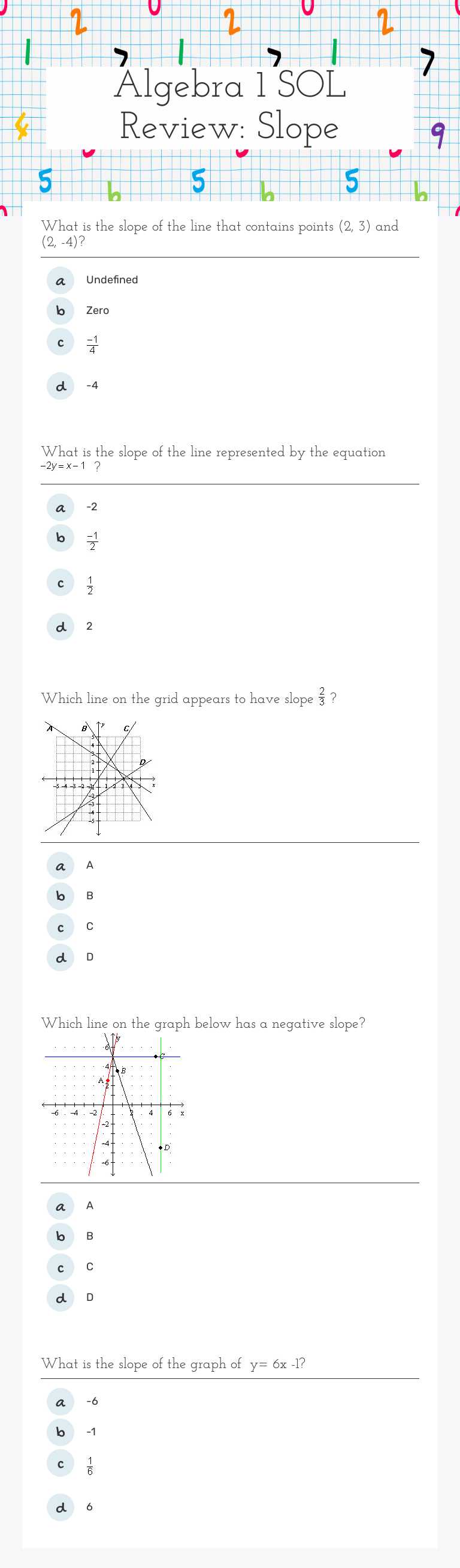 Algebra 1 SOL Review: Slope worksheet preview image