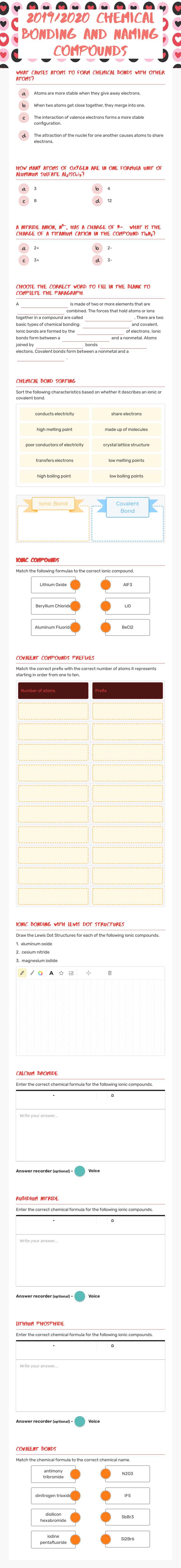 2019/2020 Chemical Bonding and naming Compounds worksheet preview image