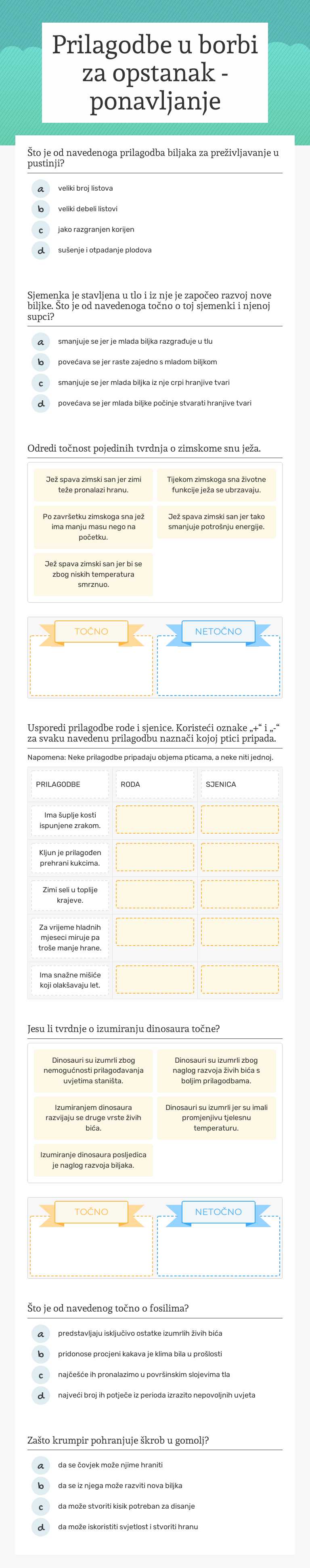 Prilagodbe u borbi za opstanak - ponavljanje worksheet preview image
