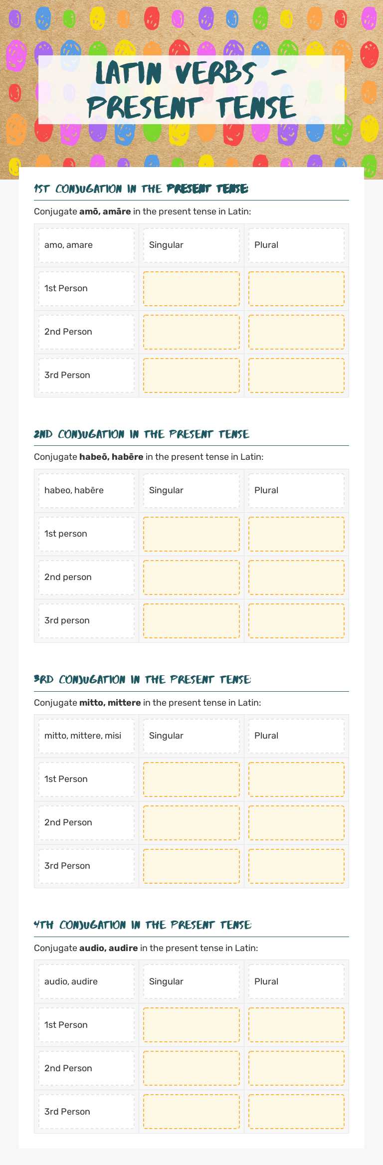 Latin Verbs - Present tense worksheet preview image