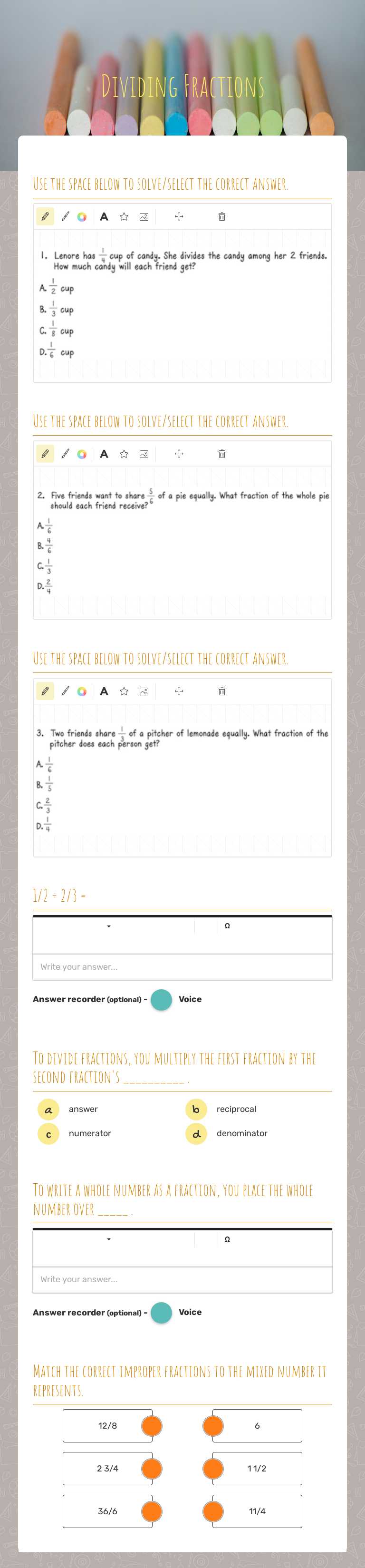 Dividing Fractions Grade 6 worksheet preview