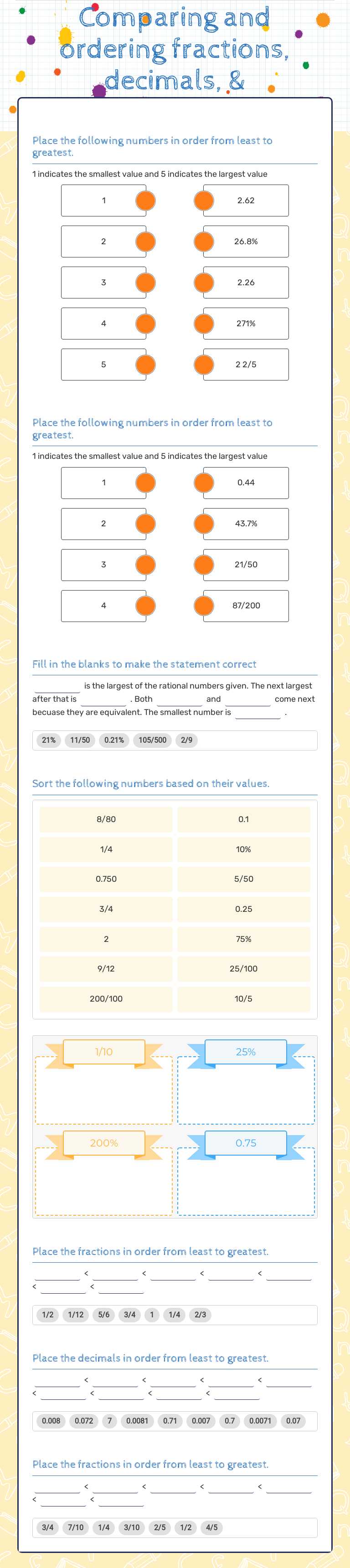 Comparing and ordering fractions, decimals, & Percents worksheet preview image