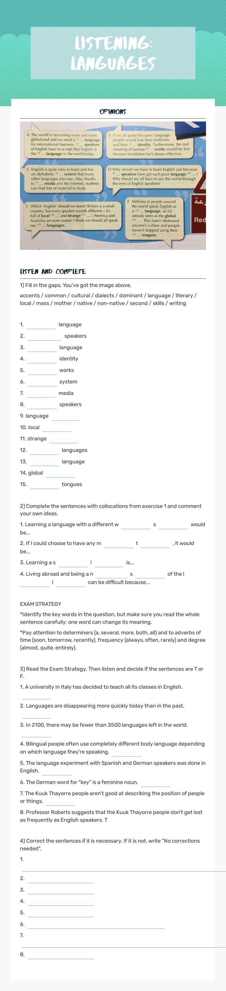 Listening: languages worksheet preview image