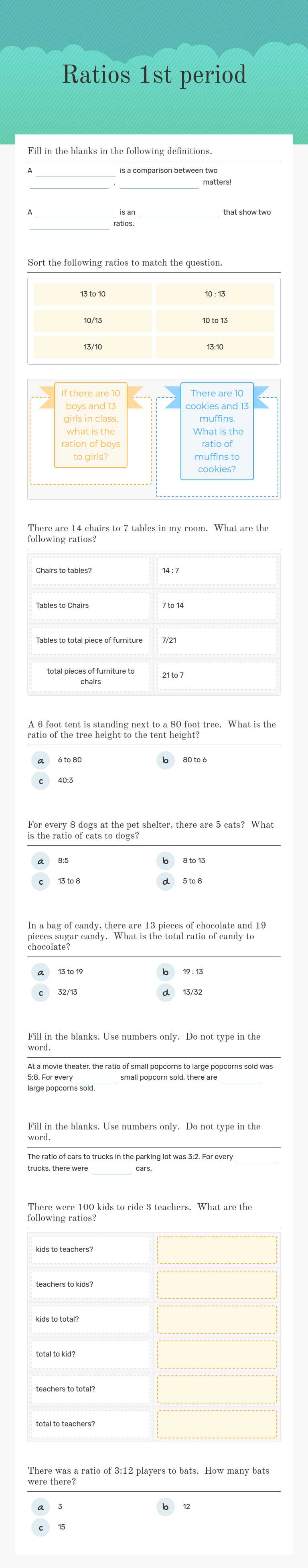 Ratios 1st period worksheet preview image