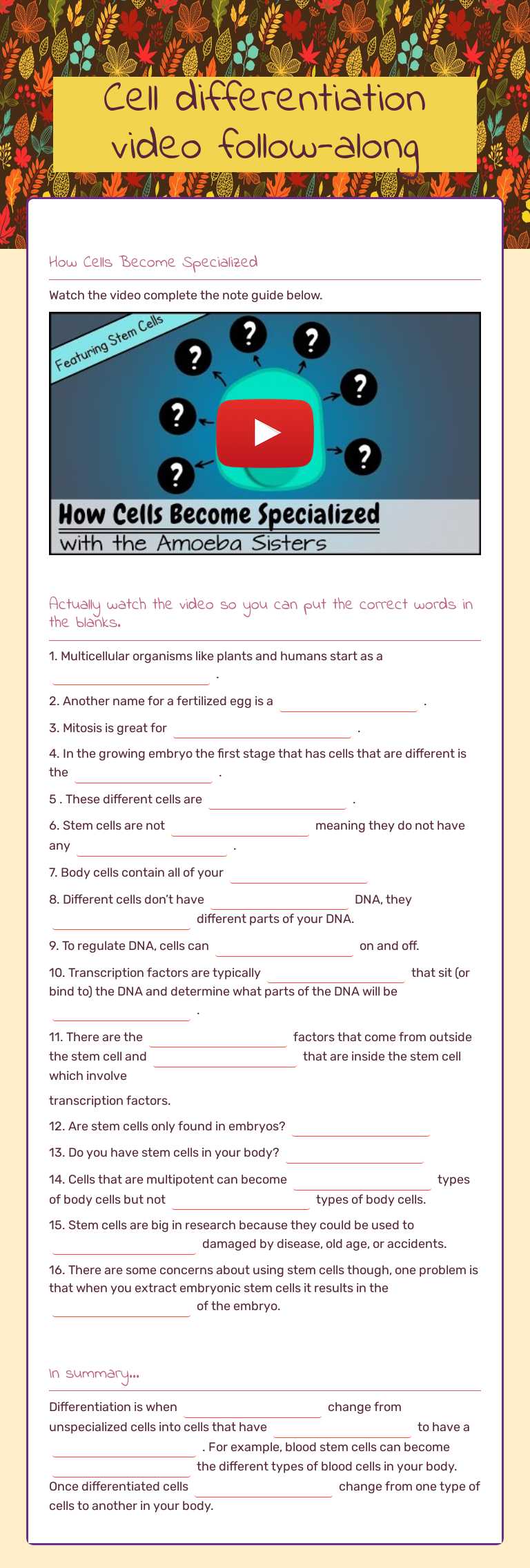 Cell differentiation video follow-along worksheet preview image
