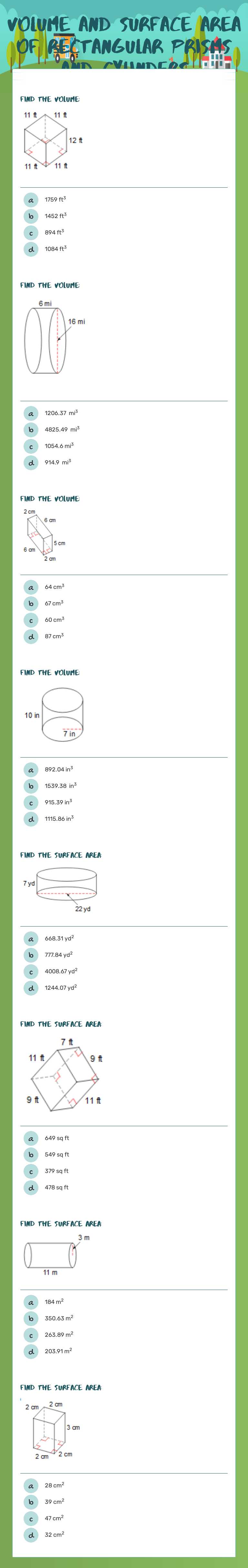 Volume and Surface area of Rectangular Prisms and Cylinders worksheet preview image