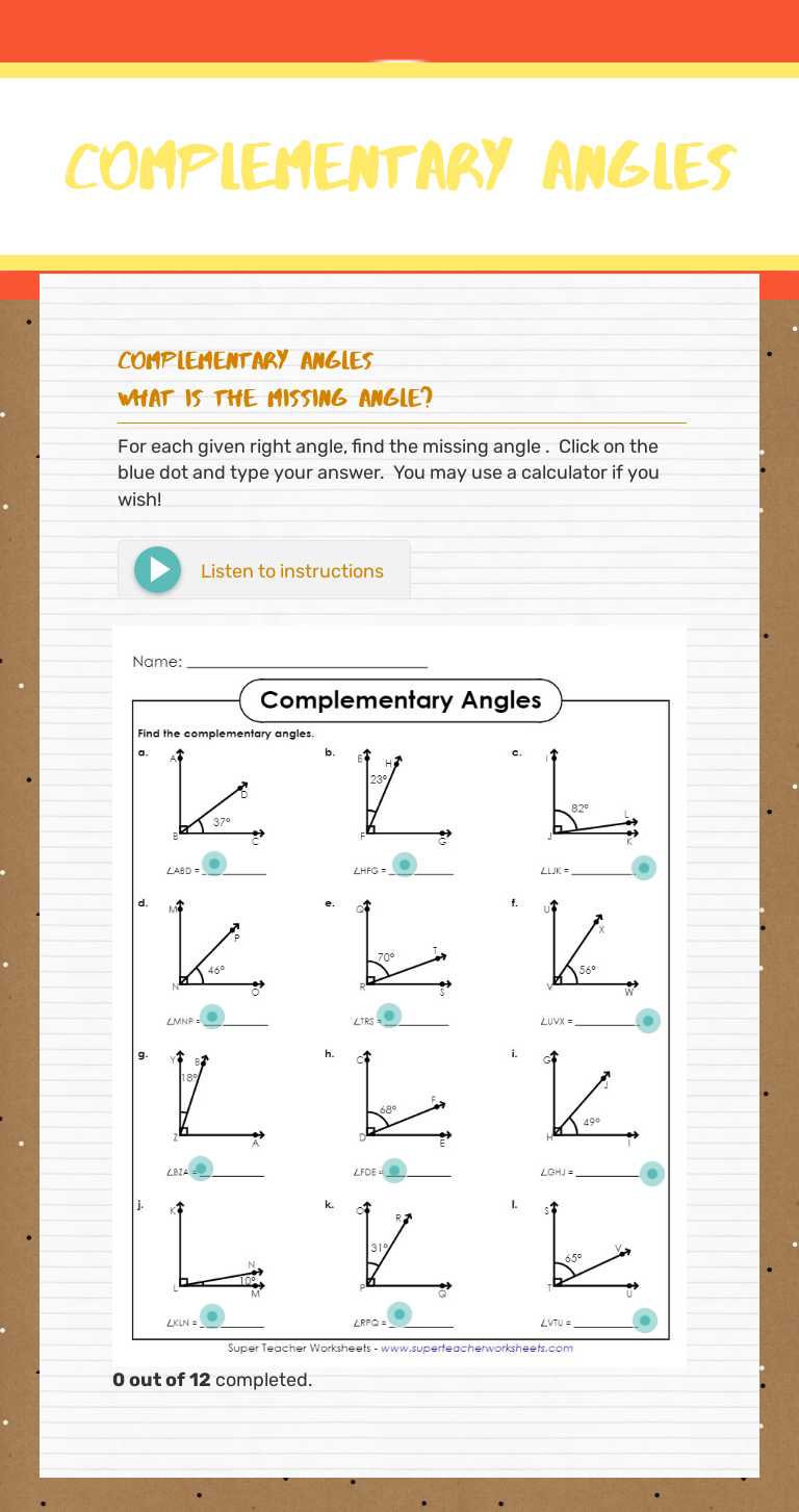 Complementary Angles Grade 4 worksheet preview