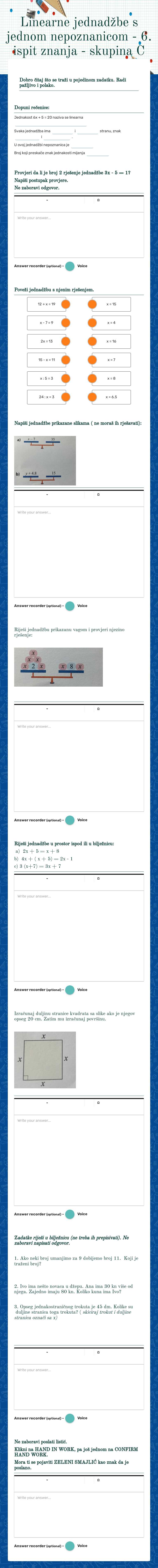 Linearne jednadžbe s jednom nepoznanicom - 6. ispit znanja
- skupina C worksheet preview image