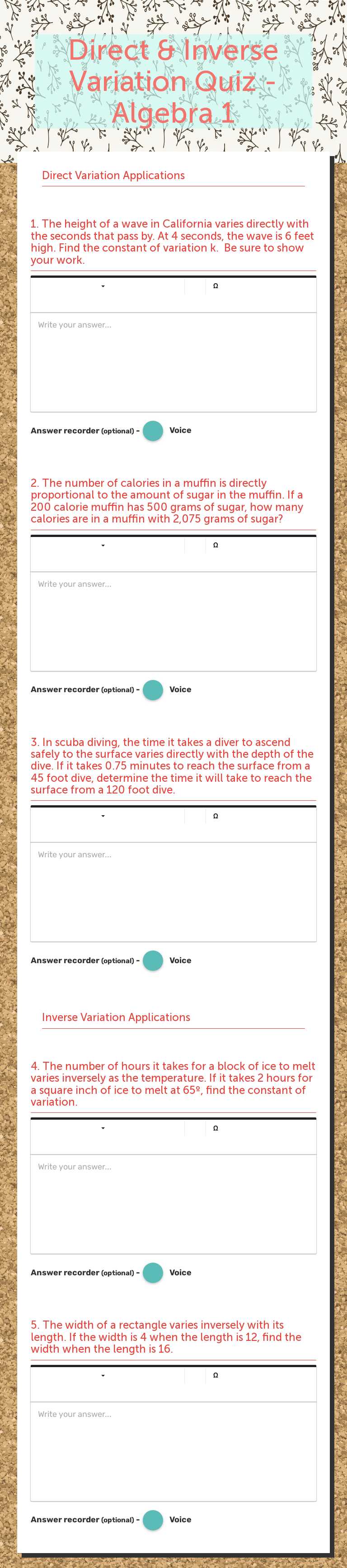 Direct & Inverse Variation Quiz - Algebra 1 worksheet preview image