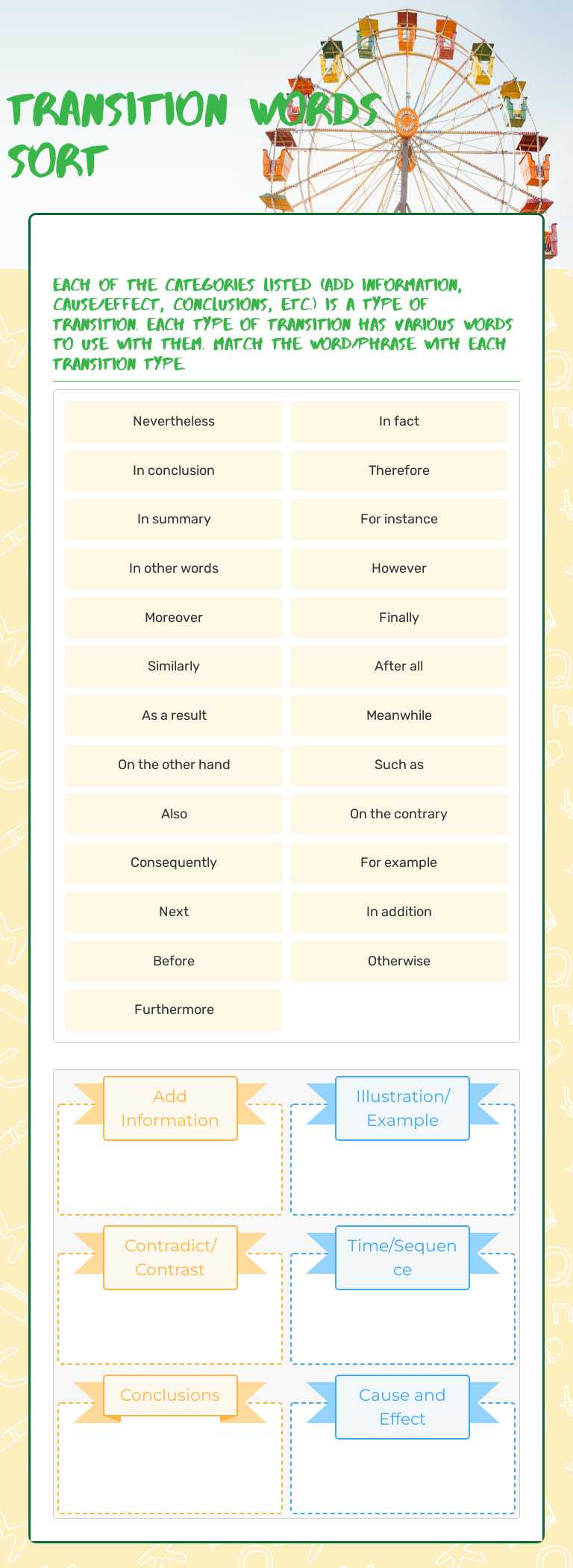 Transition words Sort Grade 6 worksheet preview