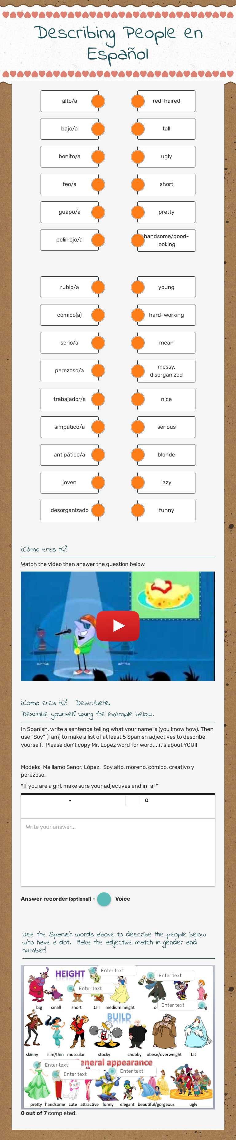 Describing People en Español worksheet preview image