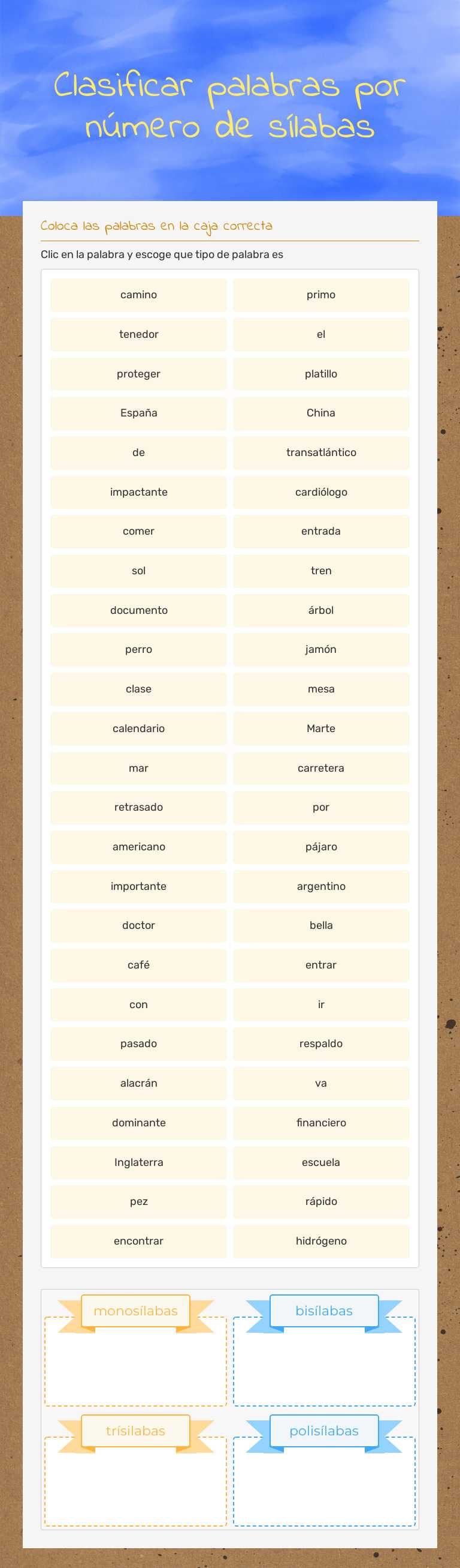 Clasificar palabras por número de sílabas worksheet preview image
