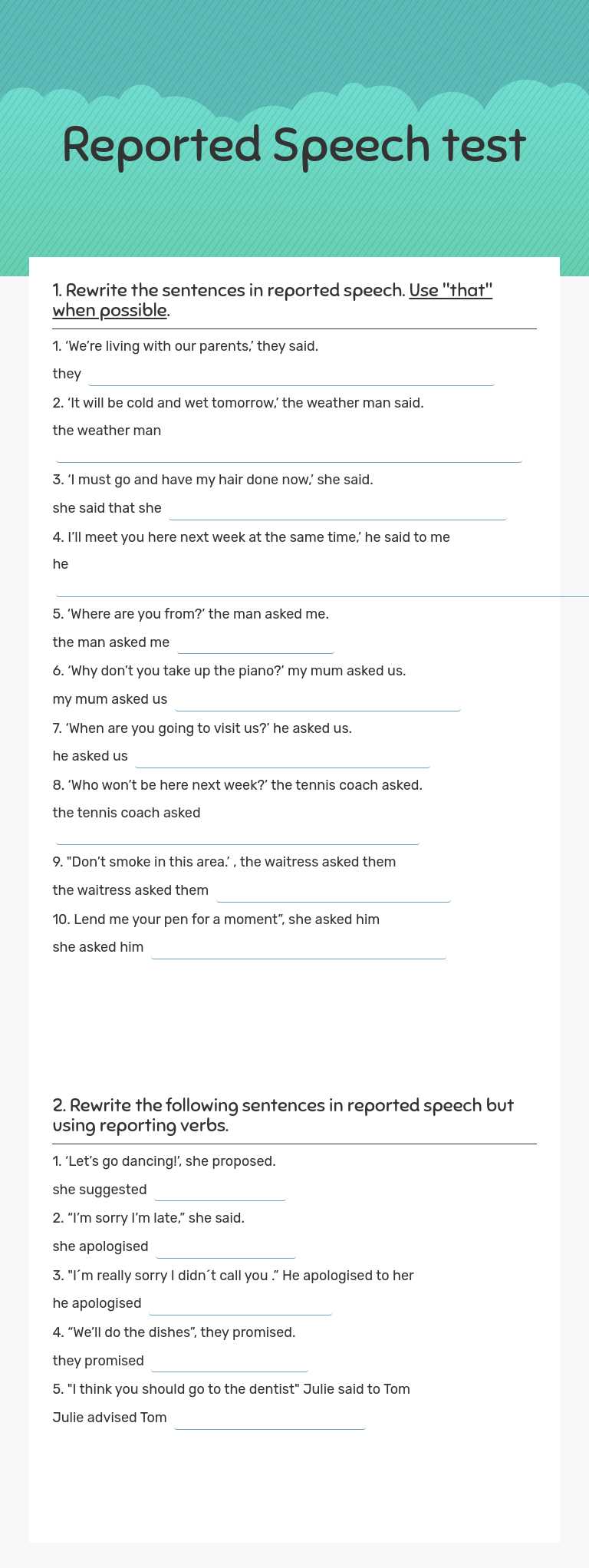 Reported Speech test worksheet preview image