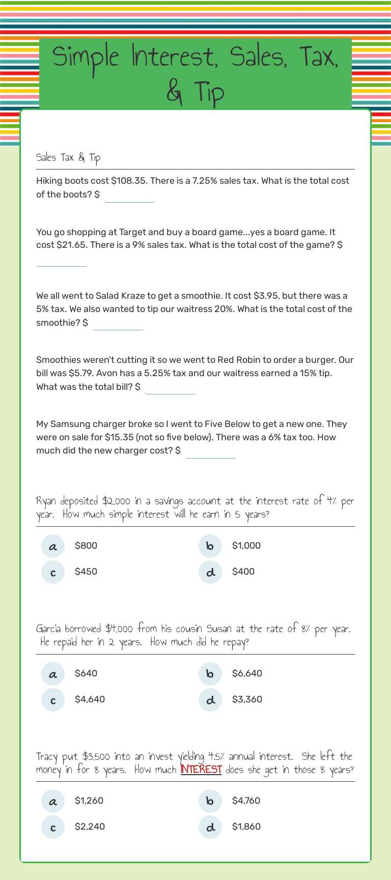 Simple Interest, Sales, Tax, & Tip worksheet preview image