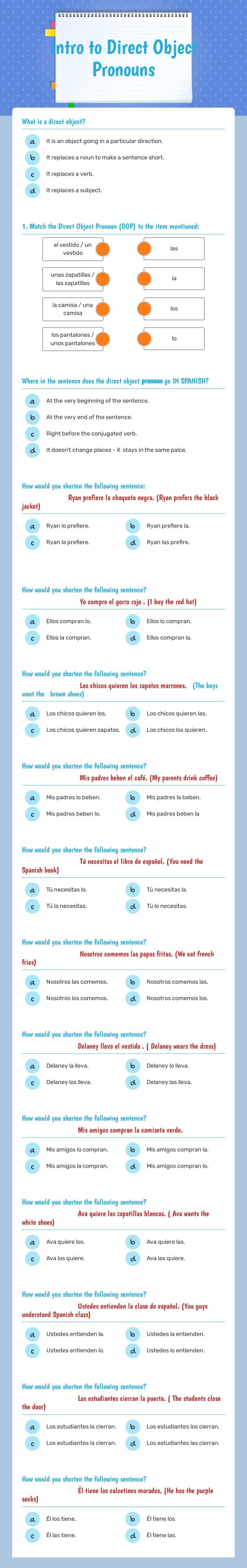 Intro to Direct Object Pronouns worksheet preview image