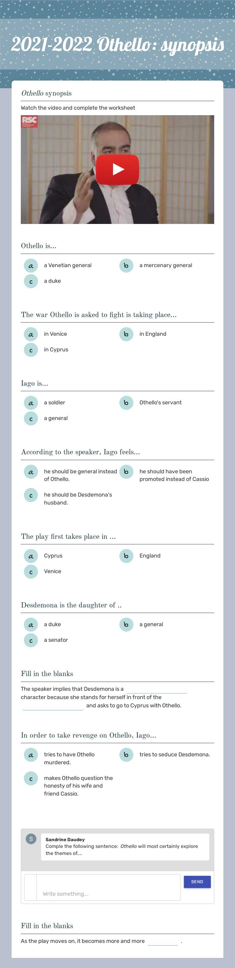 2021-2022 Othello: synopsis Grade 10 worksheet preview