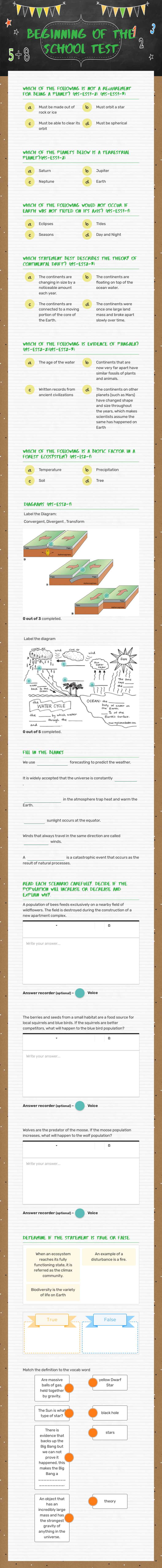 Beginning of the school test worksheet preview image