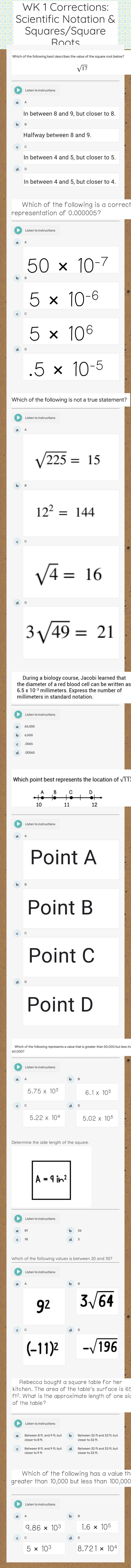 WK 1 Corrections: Scientific Notation & Squares/Square Roots Grade 8 worksheet preview