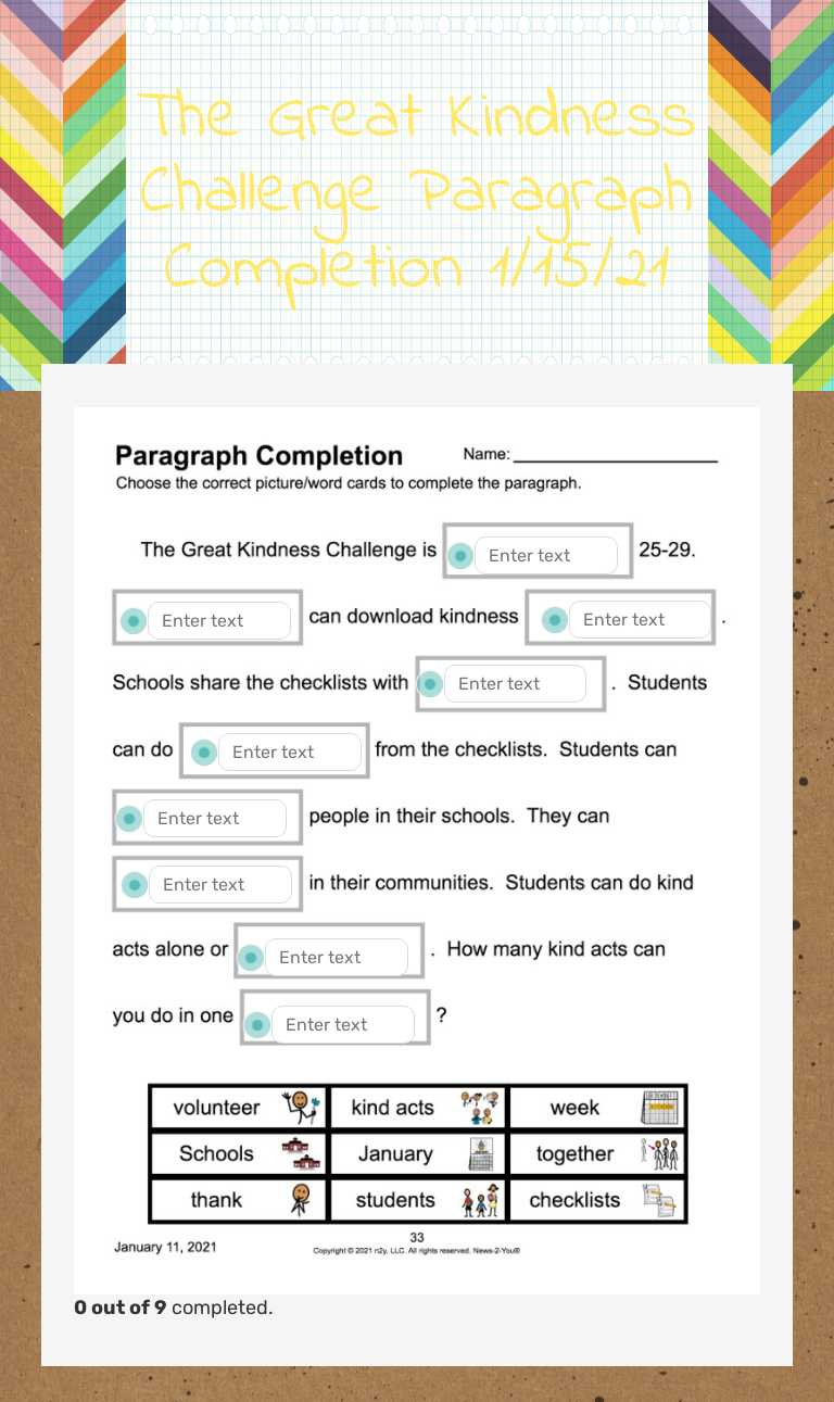 The Great Kindness Challenge Paragraph Completion 1/15/21 worksheet preview image