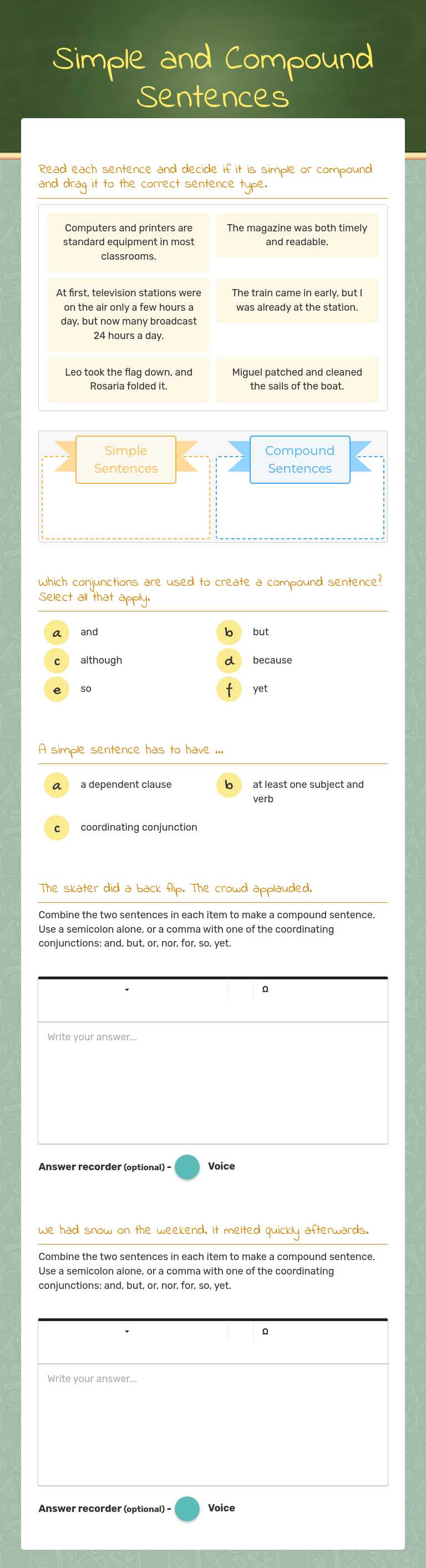 Simple and Compound Sentences worksheet preview image