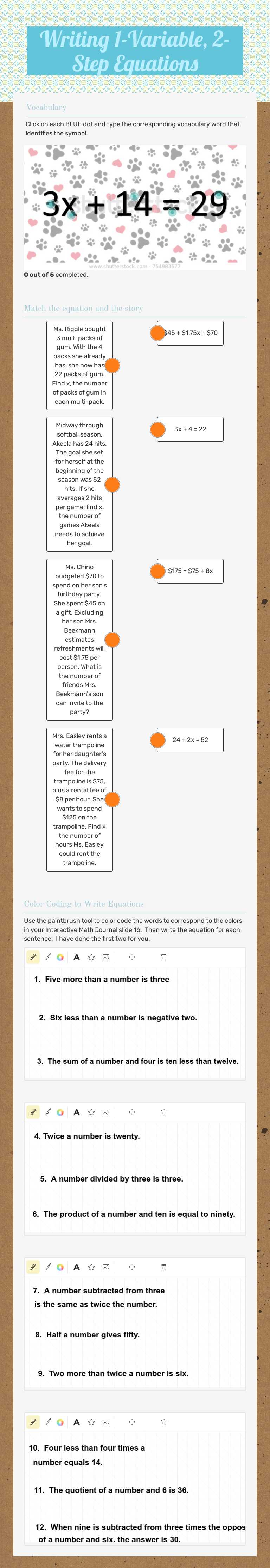 Writing 1-Variable, 2-Step Equations Grade 7 worksheet preview
