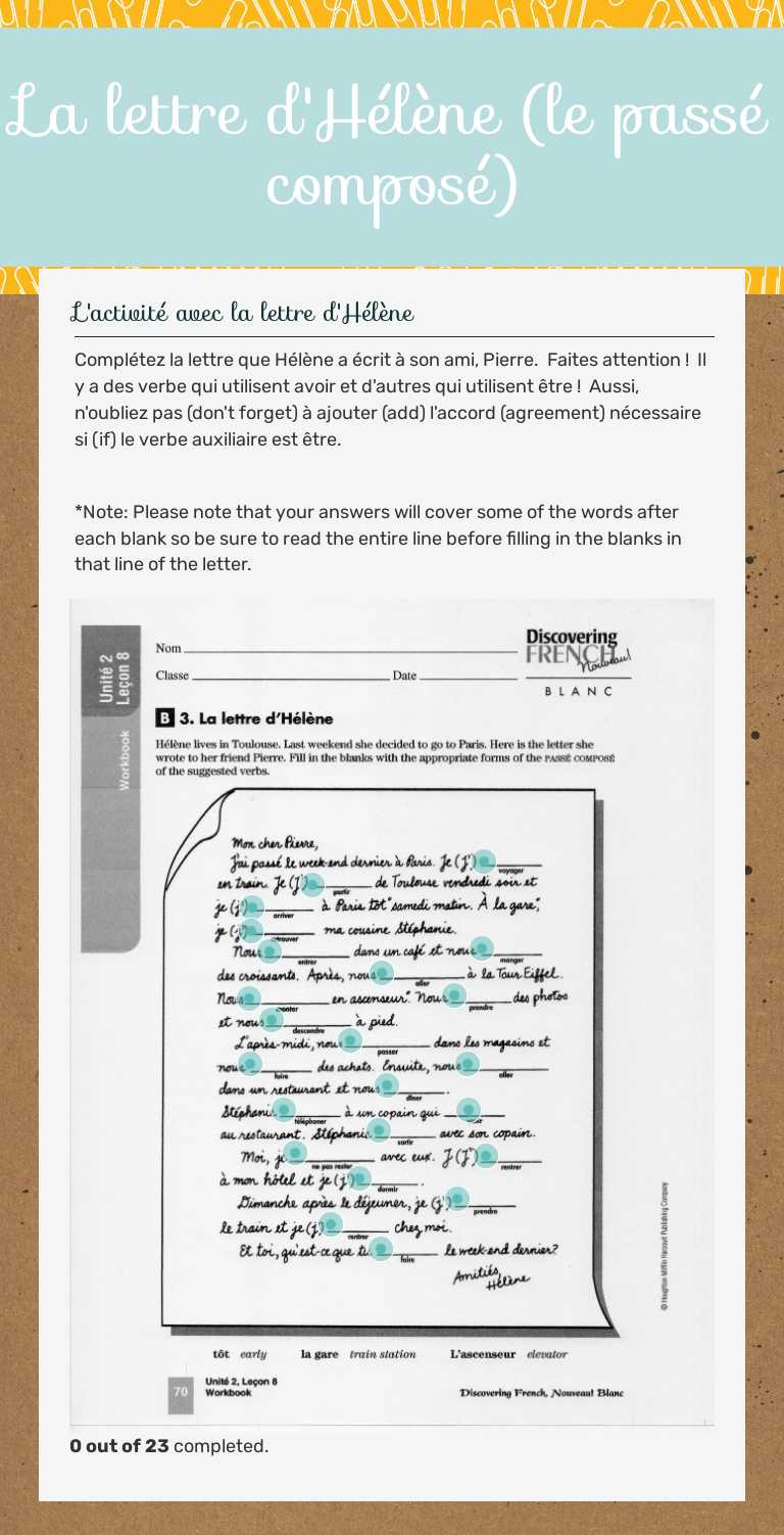 La lettre d'Hélène (le passé composé) worksheet preview image