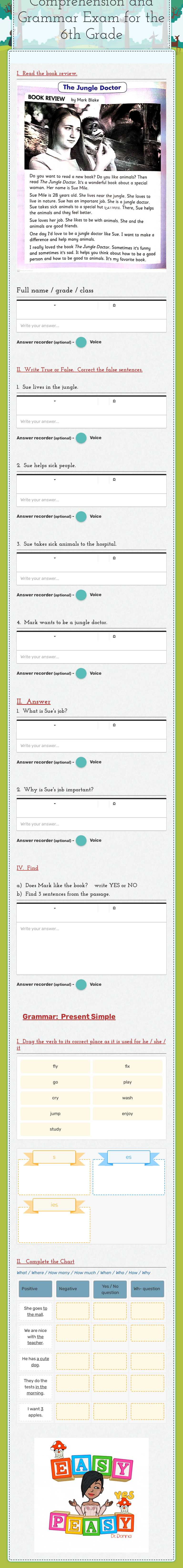 Reading Comprehension and Grammar Exam for the 6th Grade worksheet preview image