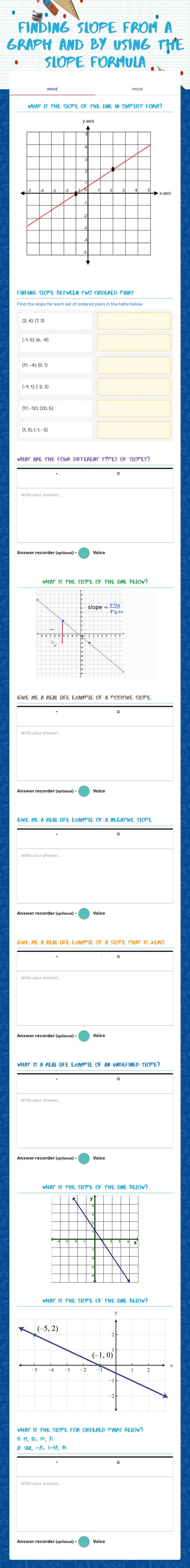 Finding Slope
From a graph and by using the slope formula worksheet preview image